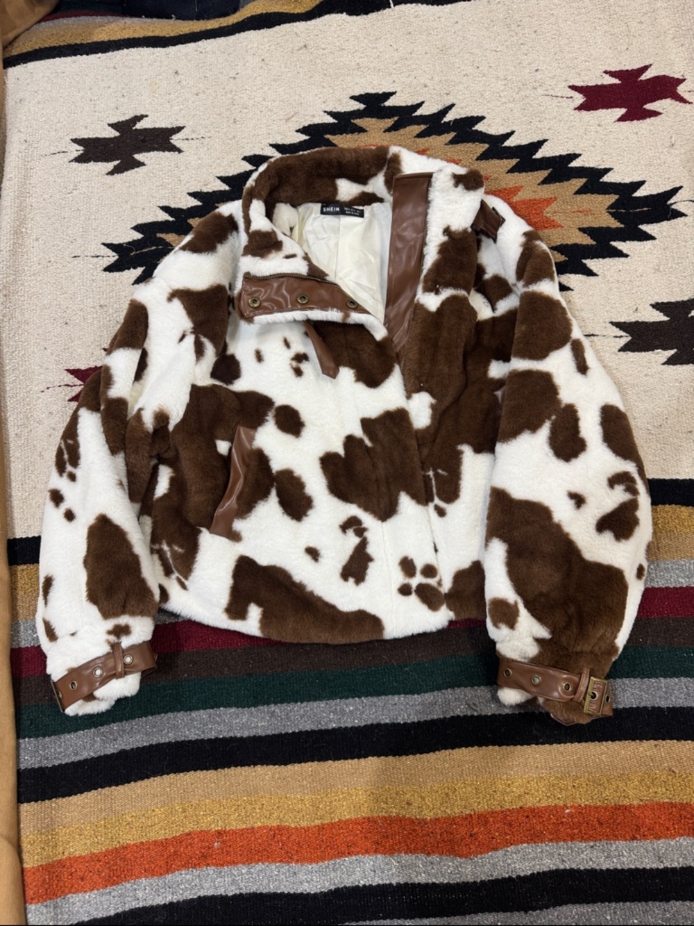 SHEIN Brown & White Cow Print Teddy Jacket